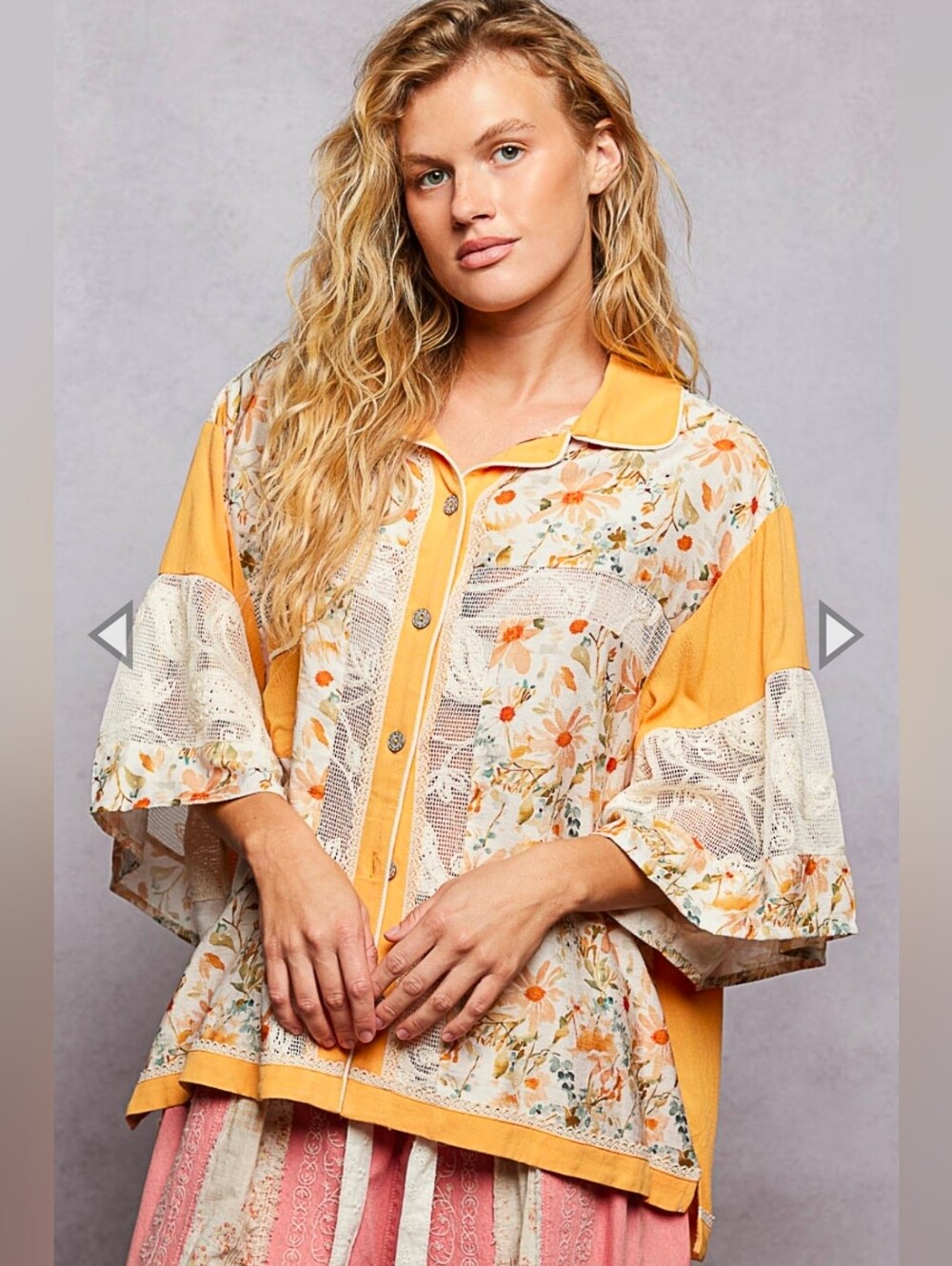 NEW!!!Boho Floral Button-Front Yellow Patchwork Top, NWT